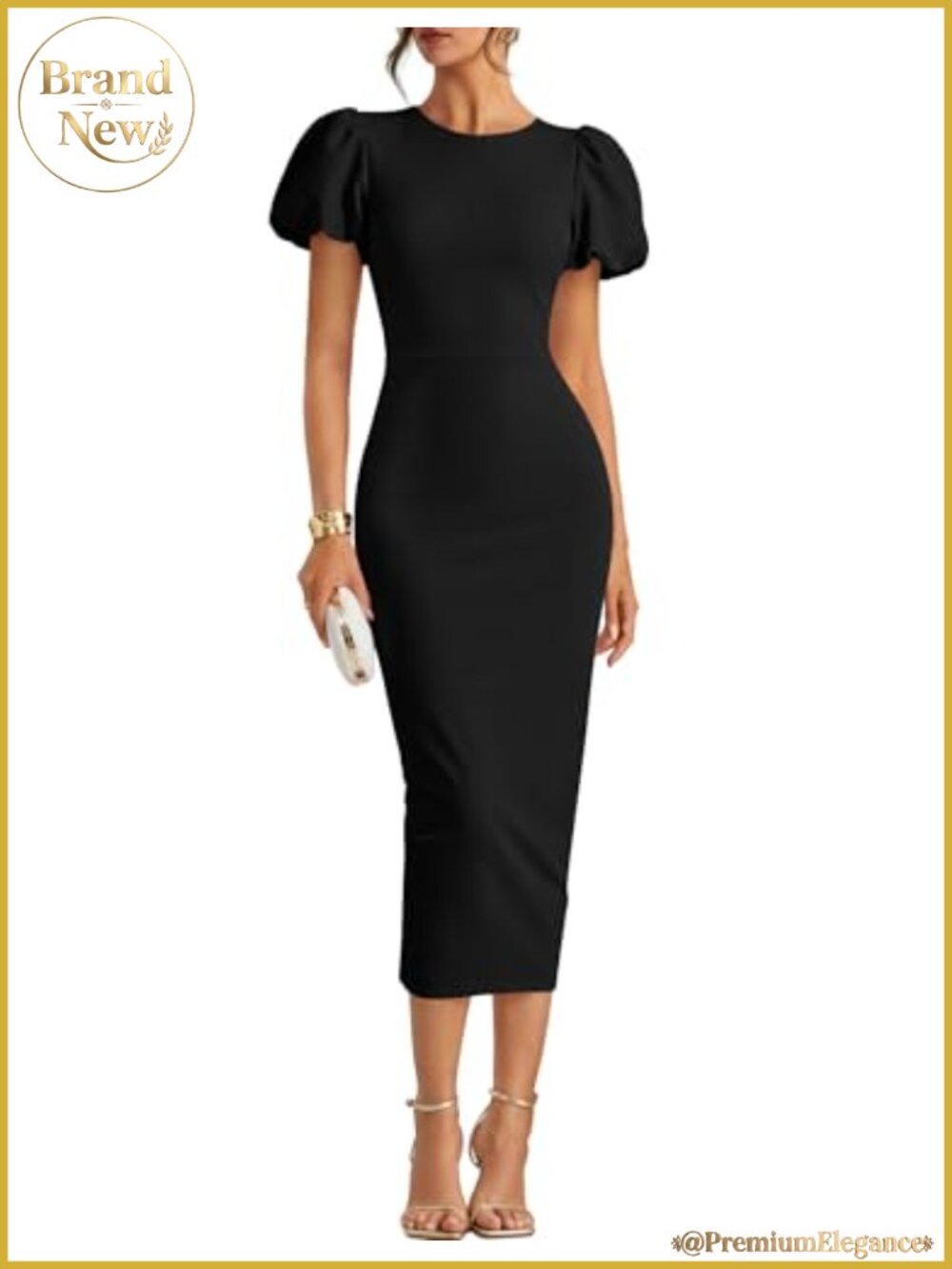 Womens Mid Length Bodycon Dress with Puff Sleeves Cocktail Party